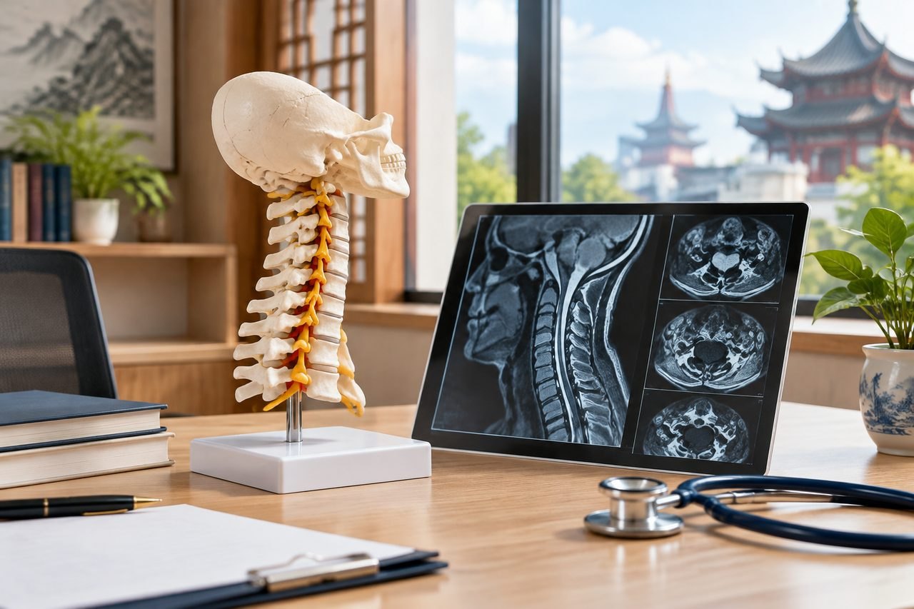 Illustrative image: A medical workspace featuring a spinal model and MRI images on a tablet.
