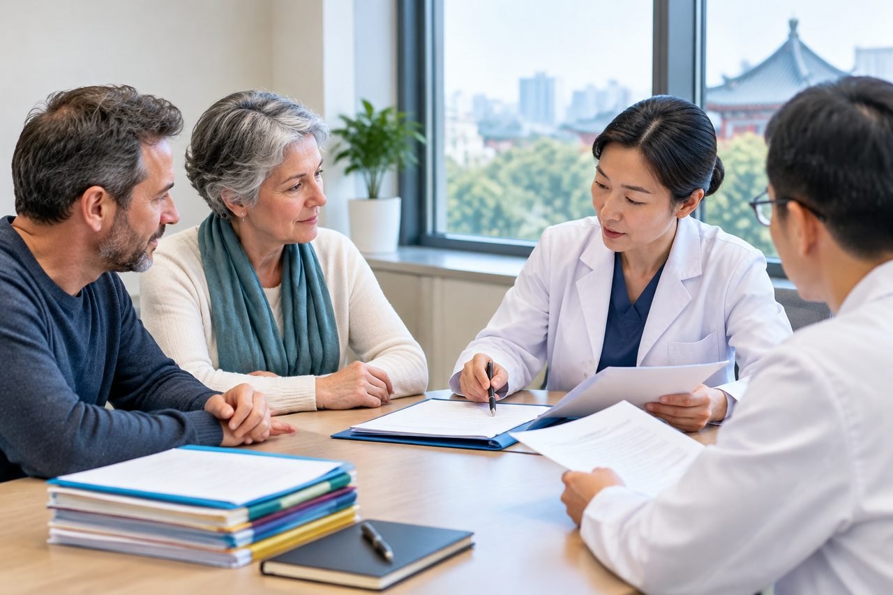 AI illustration: A medical consultation taking place between a doctor and patients in a well-lit office setting.