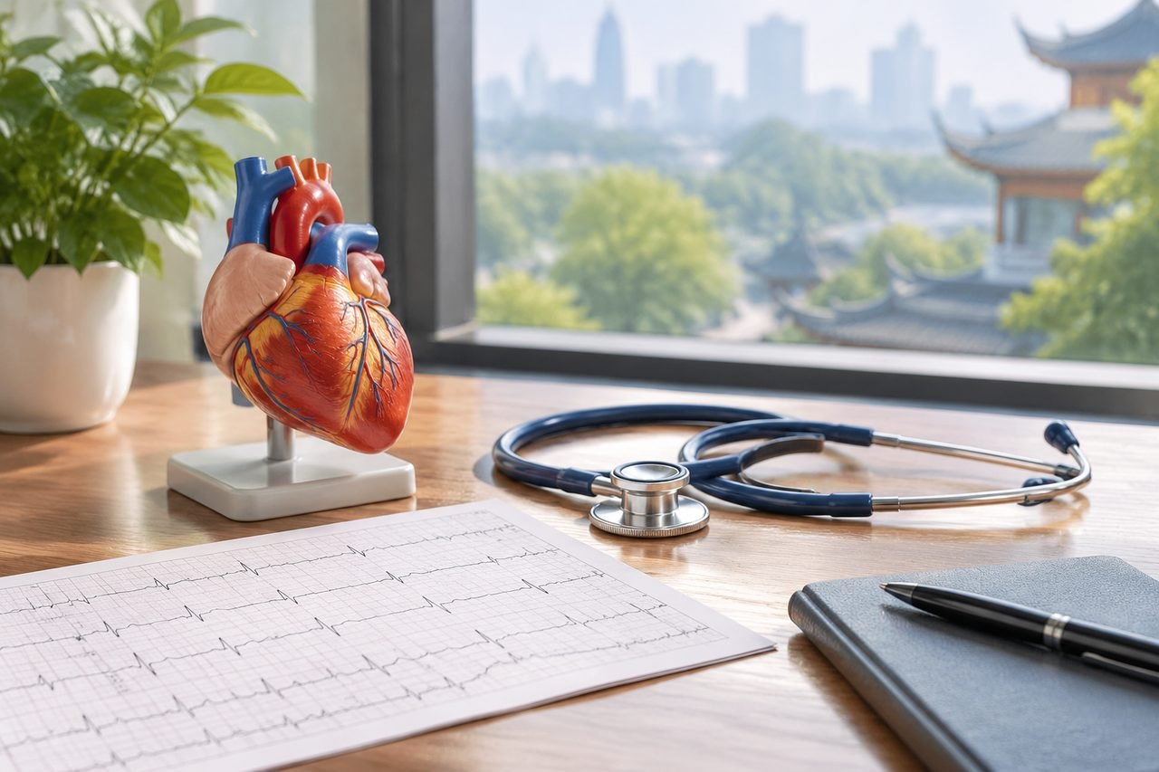 Illustrative image: A medical workspace featuring a heart model, stethoscope, and ECG printout with a city skyline in the background.