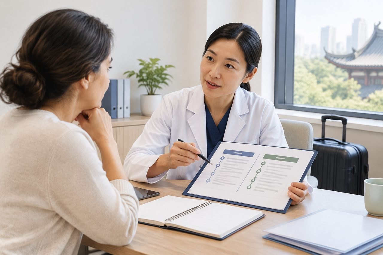 AI illustration: A doctor discusses medical information with a patient in a consultation room.