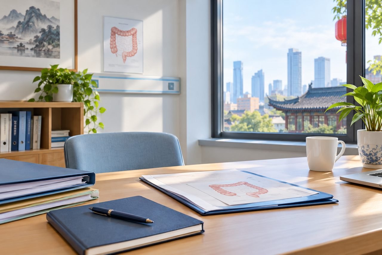AI illustration: A medical office with anatomical charts, a desk, and a view of the city skyline.