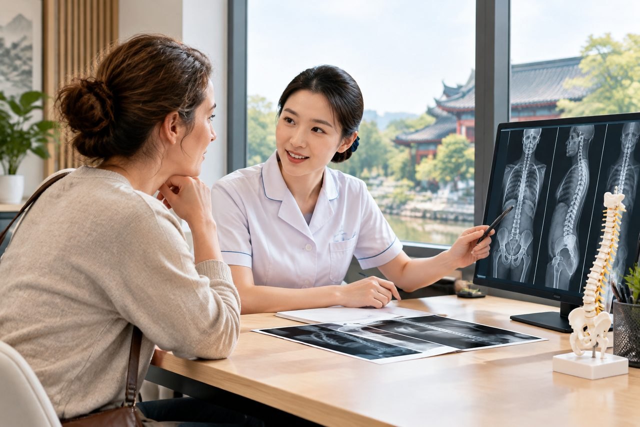 AI illustration: A healthcare professional discusses X-ray images with a patient in a consultation room.