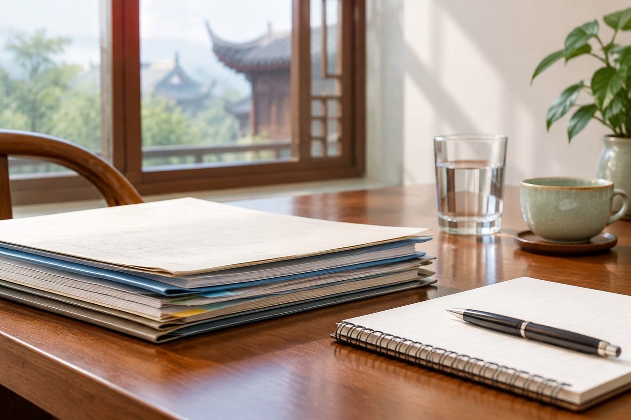 AI illustration: A workspace featuring stacked papers, a notebook, a pen, a glass of water, and a cup of tea, with a view of greenery outside.