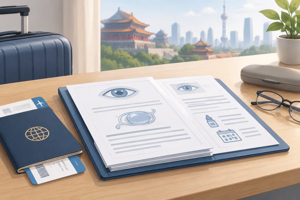 AI illustration: Schematic eye-care records beside glasses and a travel notebook