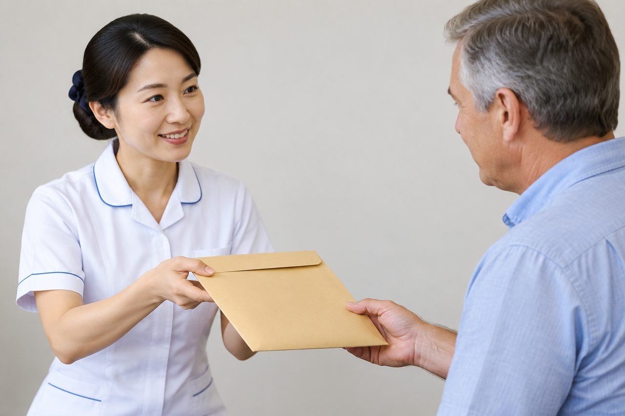 AI illustration: A healthcare professional hands an envelope to a patient in a clinical setting.