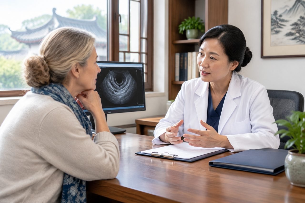 Illustrative image: A doctor discusses medical information with a patient in a consultation room.