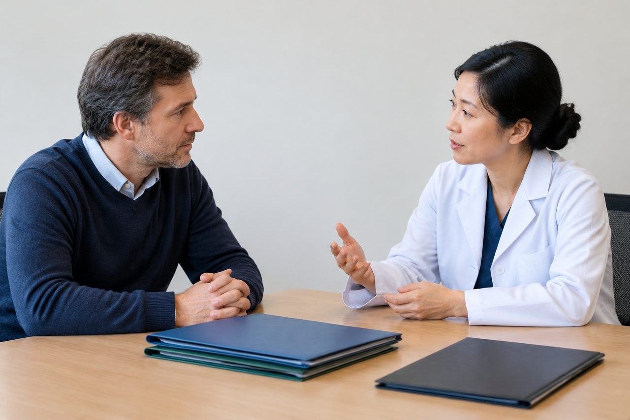 AI illustration: A doctor discusses with a patient during a consultation in a clinical setting.