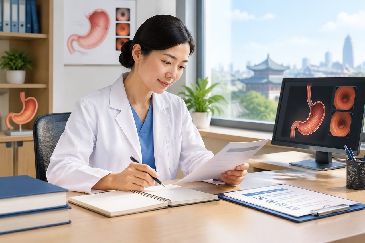 AI illustration: A medical professional reviews documents in a clinic setting with anatomical visuals in the background.