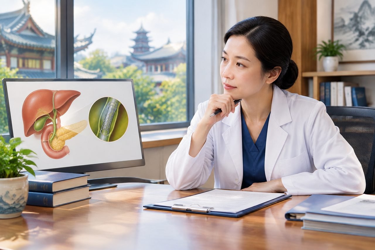 Illustrative image: A medical professional analyzes anatomical imagery on a computer screen in a consultation room.