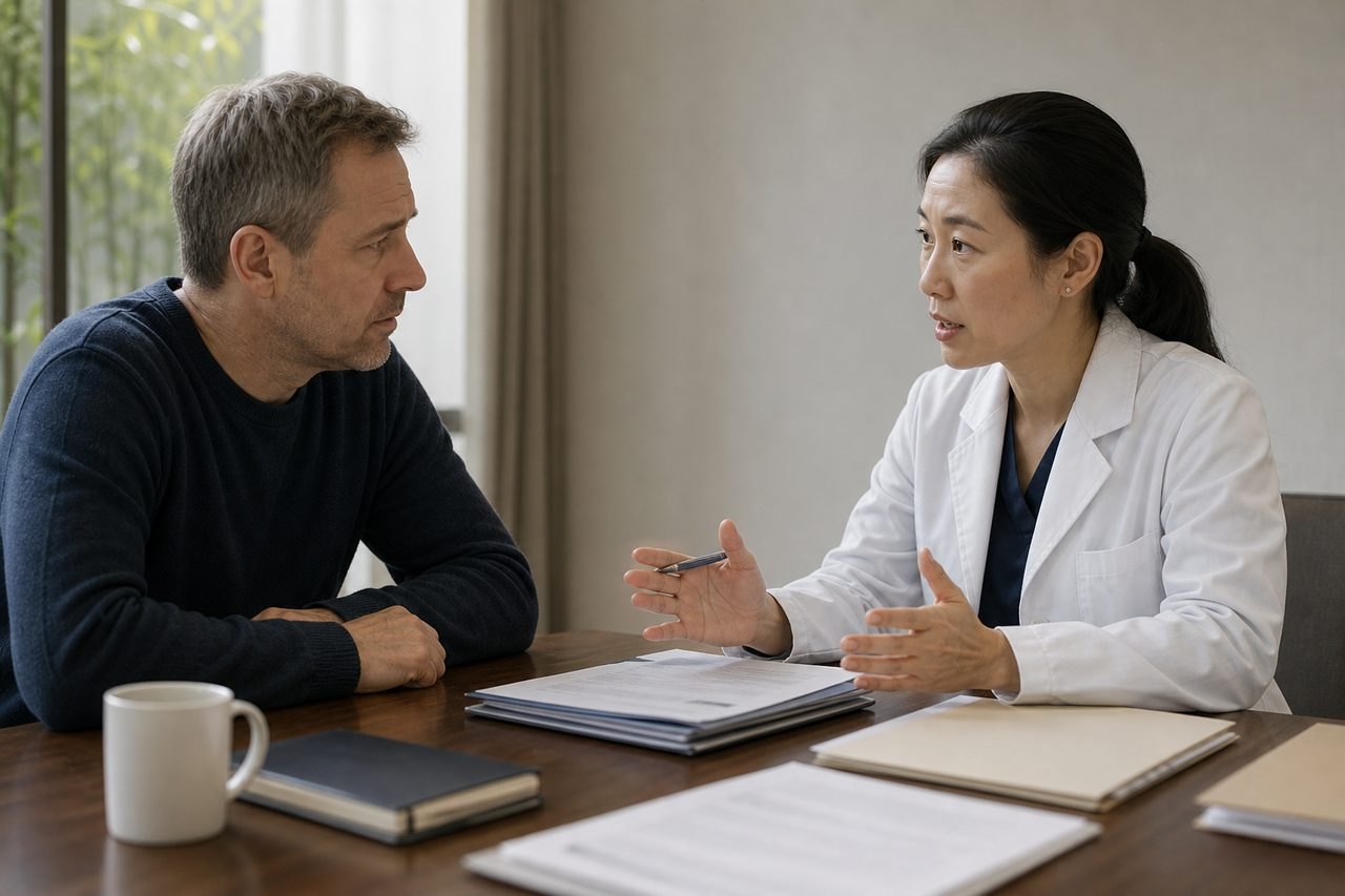 AI illustration: A doctor discusses with a patient during a consultation in a clinical setting.