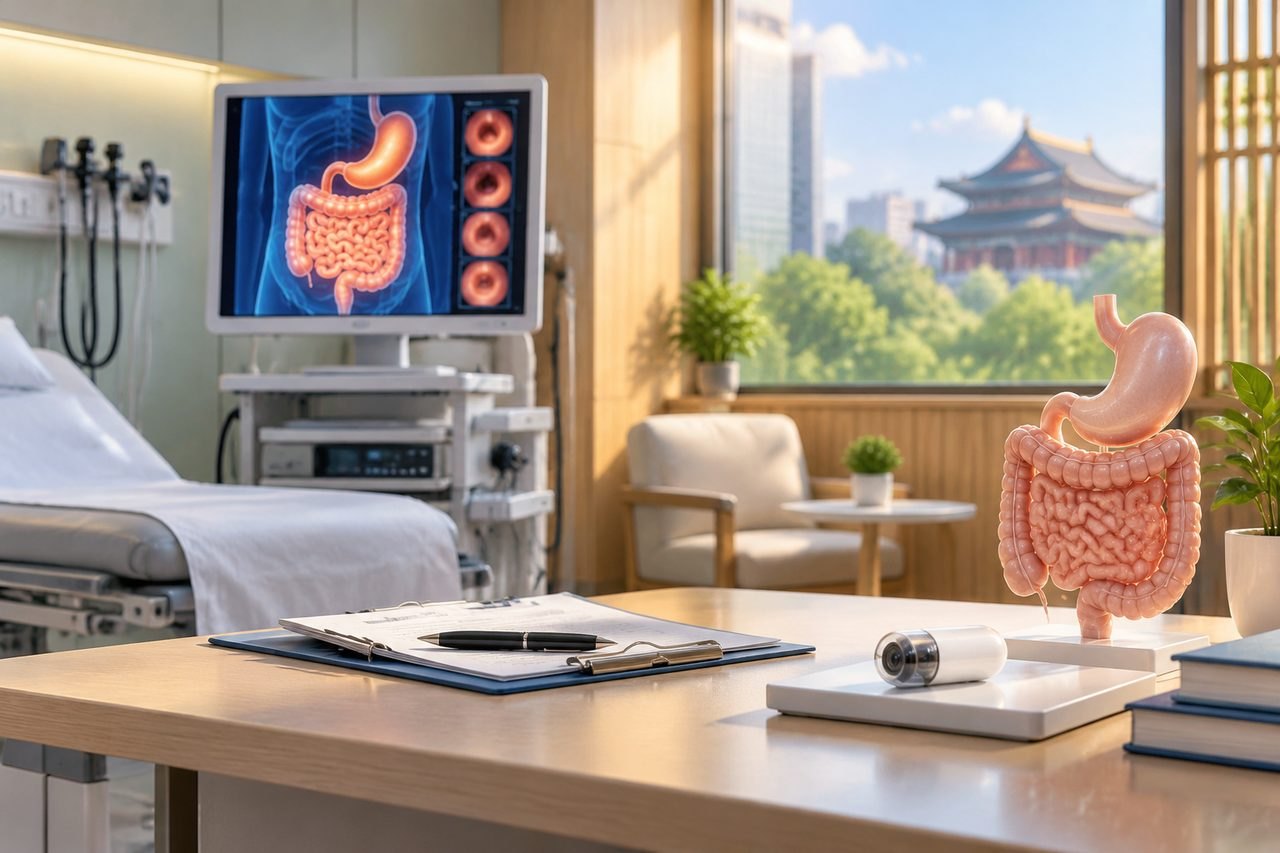 Illustrative image: A medical consultation room featuring anatomical models and a medical monitor displaying digestive system imagery.