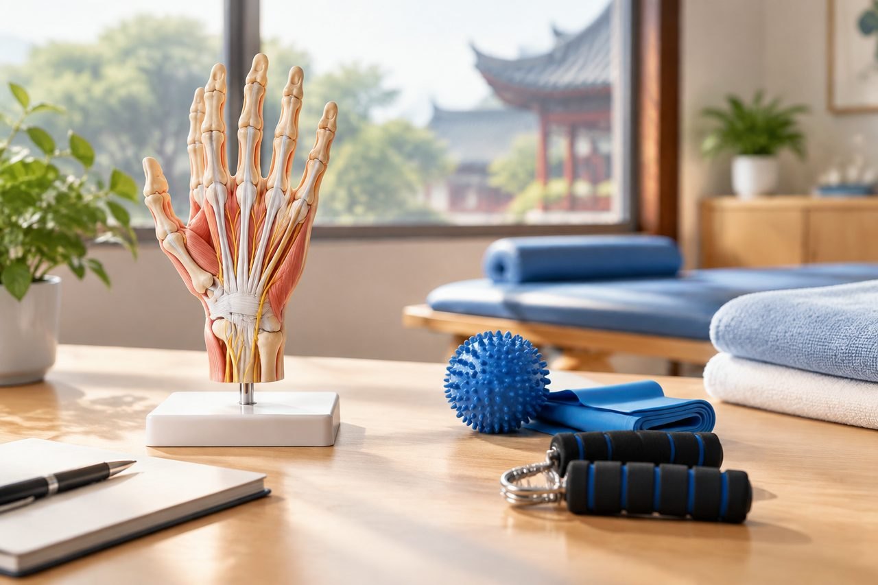 Illustrative image: A detailed anatomical model of a hand is displayed on a table alongside rehabilitation equipment in a bright room.