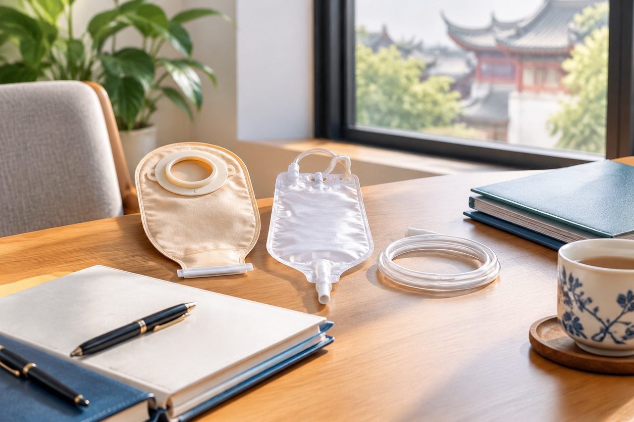 AI illustration: Medical supplies including drainage bags and tubing are arranged on a wooden table with a view of greenery outside.
