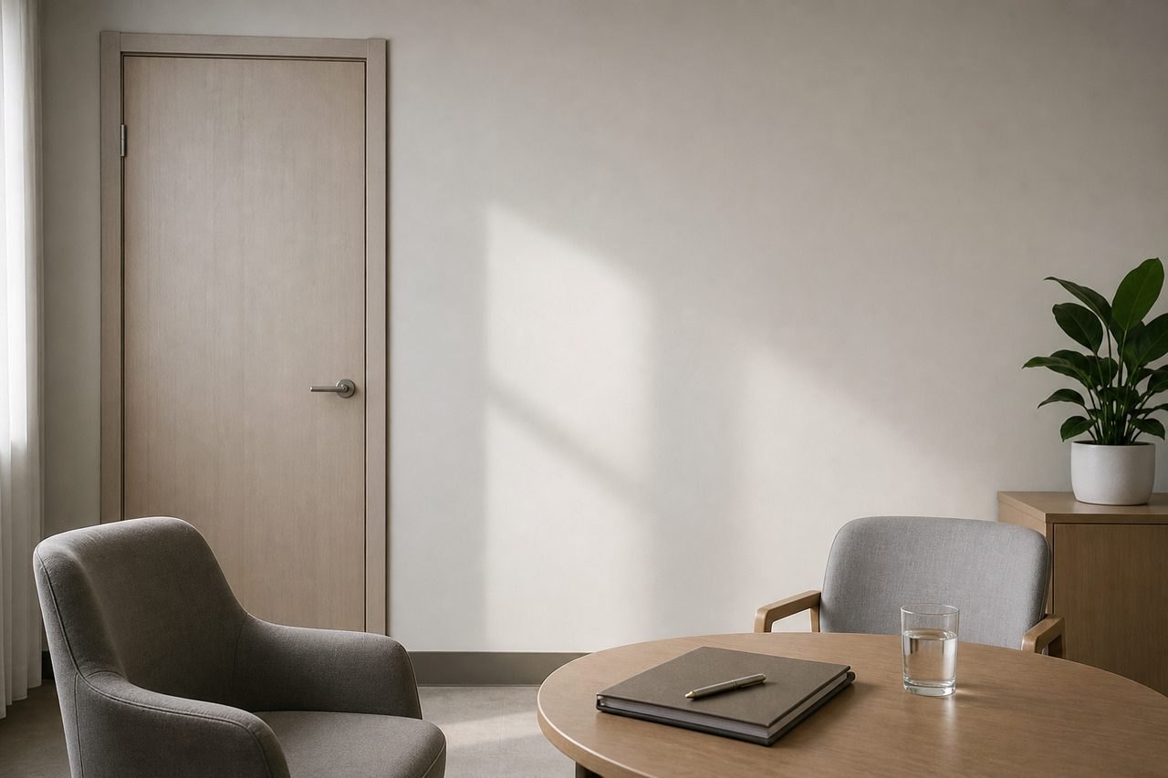 AI illustration: A modern consultation room featuring a round table, chairs, and a plant.