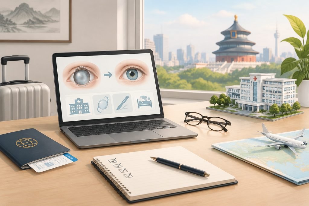 AI illustration: Schematic eye-care and hospital illustrations beside a planning notebook