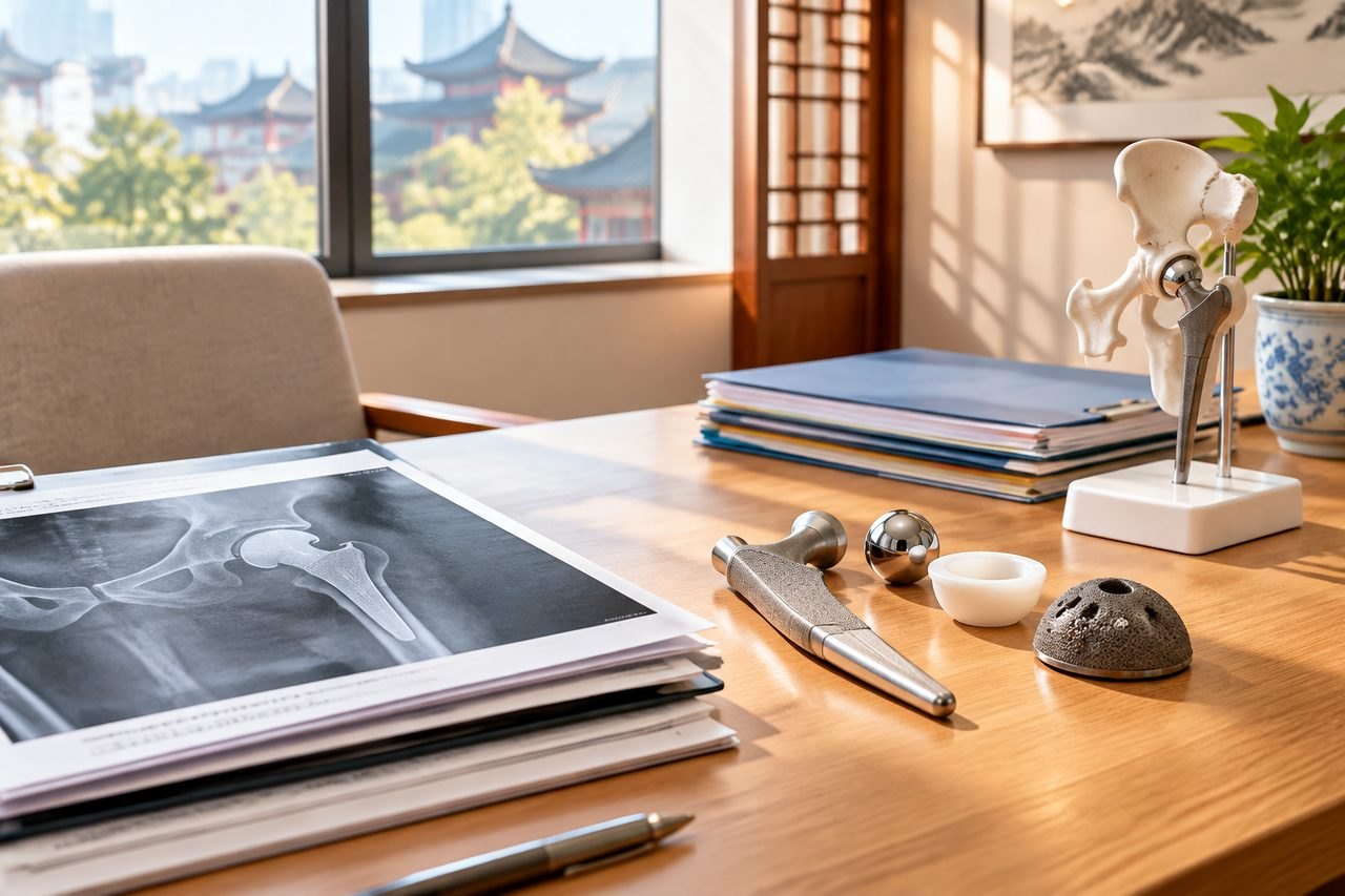 Illustrative image: A medical consultation desk featuring an anatomical model and an X-ray image.