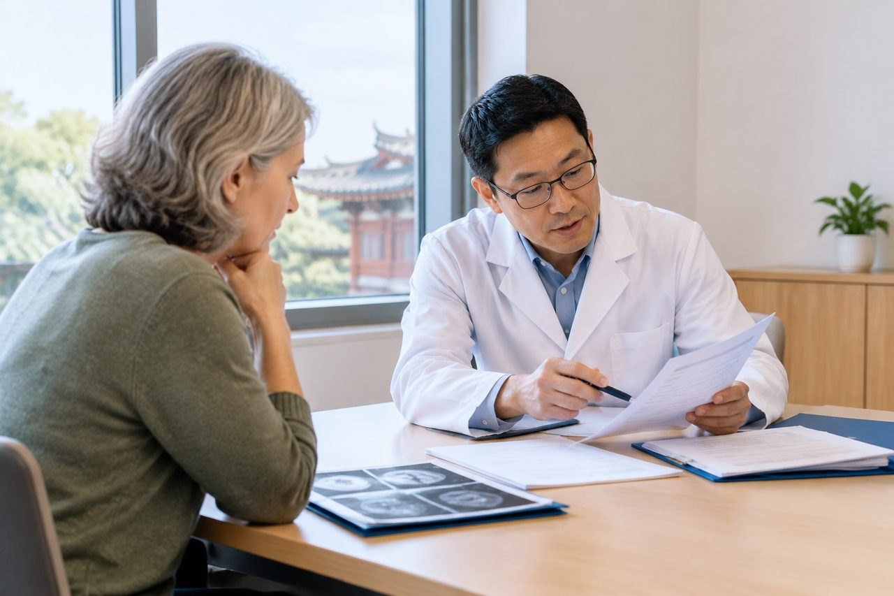 AI illustration: A doctor discusses medical information with a patient in a consultation room.
