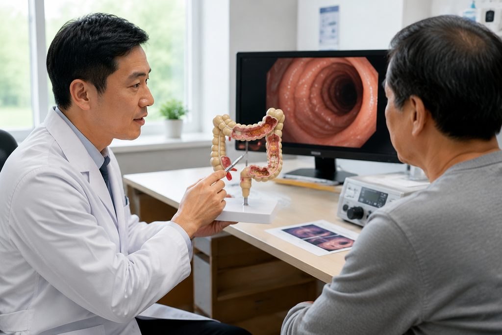 Illustrative image: A doctor discusses a colon model with a patient while showing endoscopic imagery on a monitor.