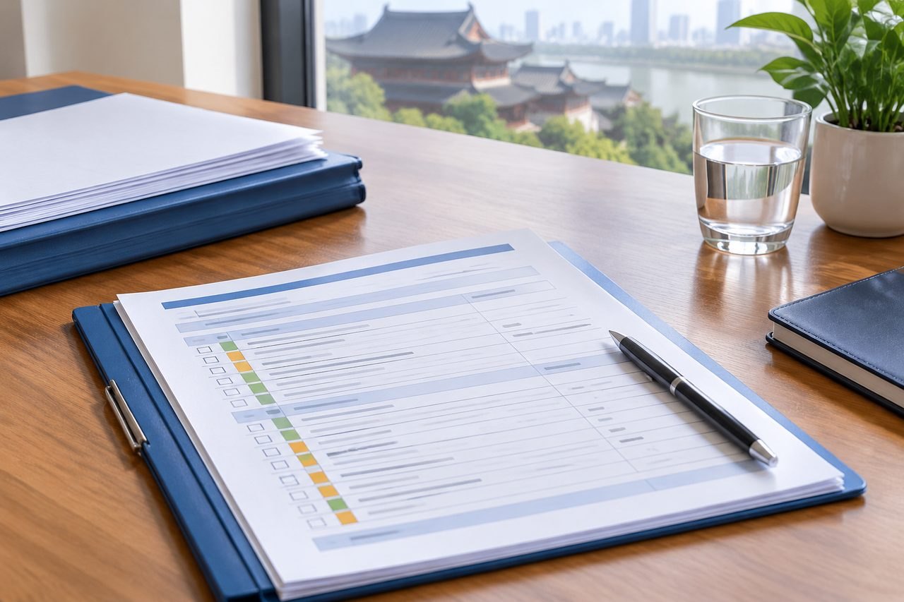 AI illustration: A workspace featuring documents, a pen, a glass of water, and a plant, with a view of a city skyline in the background.