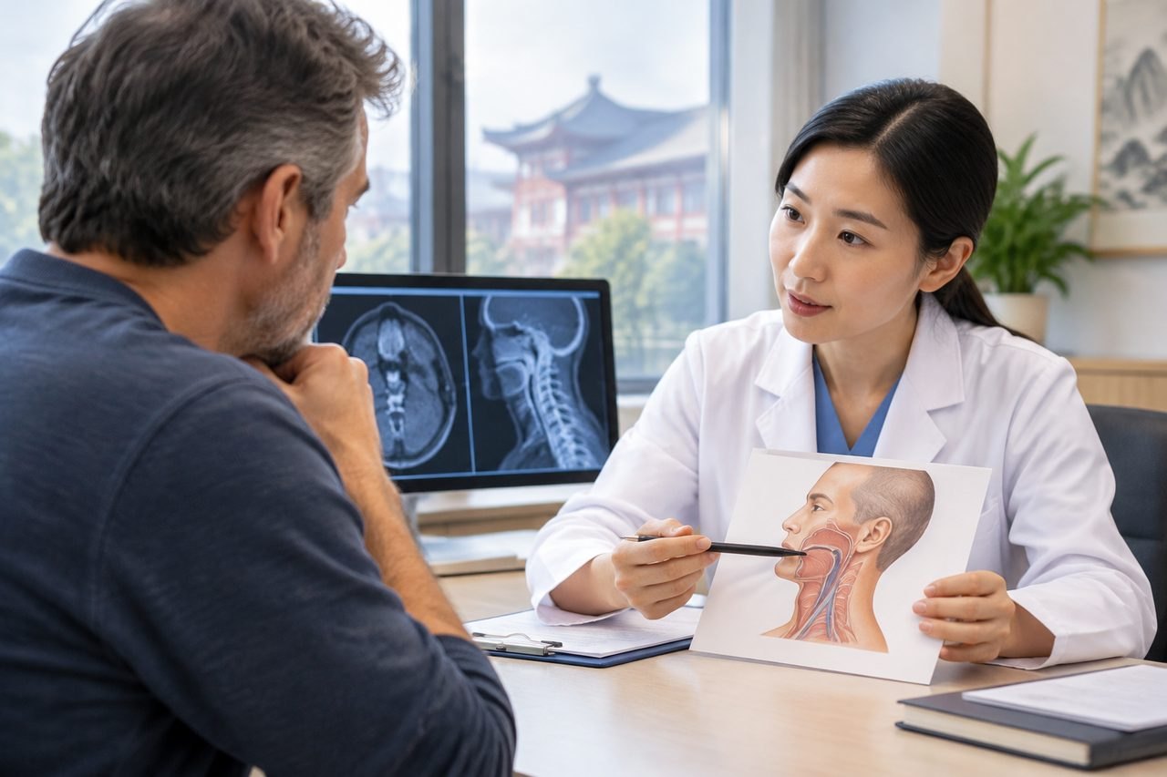 Illustrative image: A doctor explains a medical illustration to a patient during a consultation.