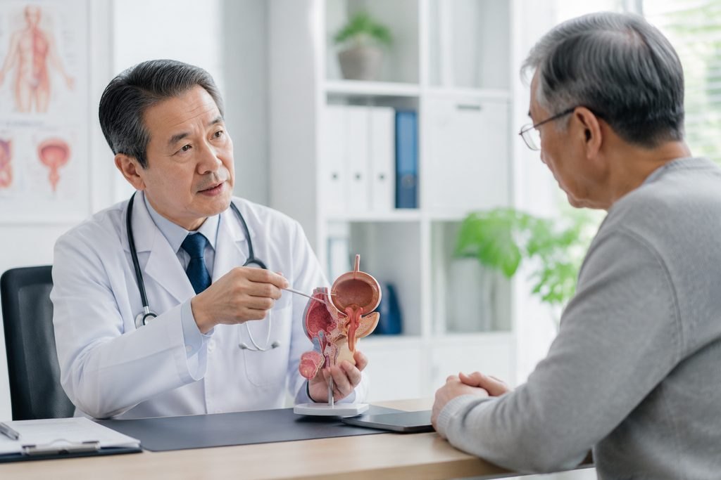 Illustrative image: A doctor explains anatomy to a patient using a model during a consultation.