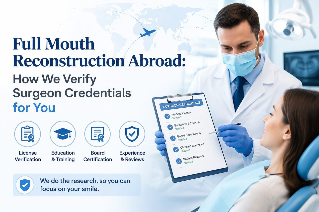 Illustrative image: A dentist discusses surgeon credentials with a patient during a consultation.