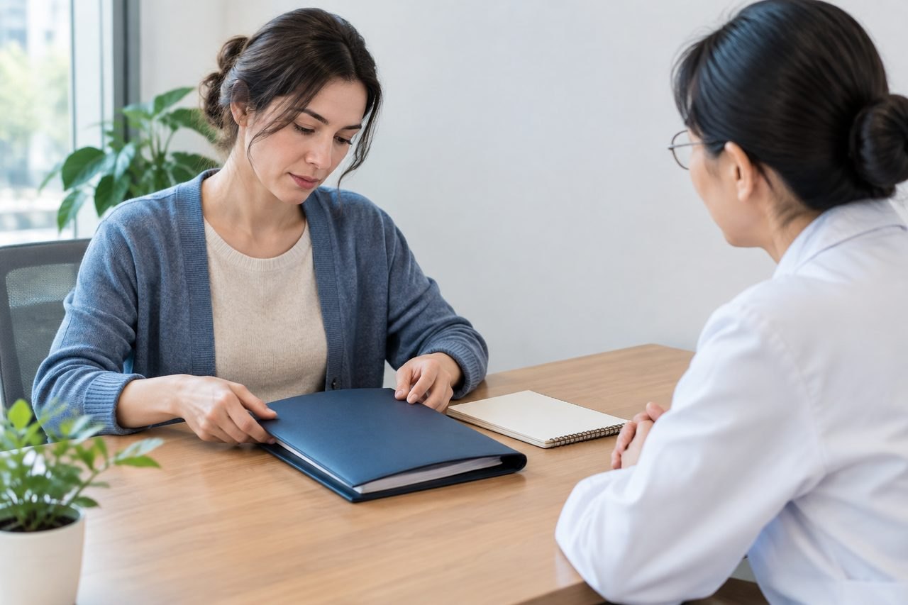 AI illustration: A patient and a medical professional engage in a consultation at a desk with a folder and notepad present.