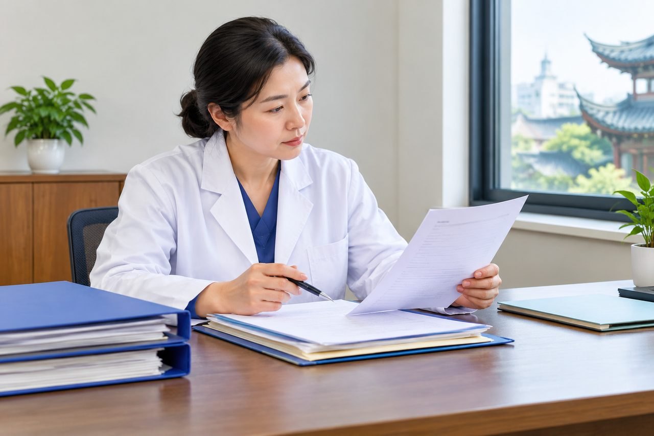 Illustrative image: A medical professional reviews documents in an office setting.