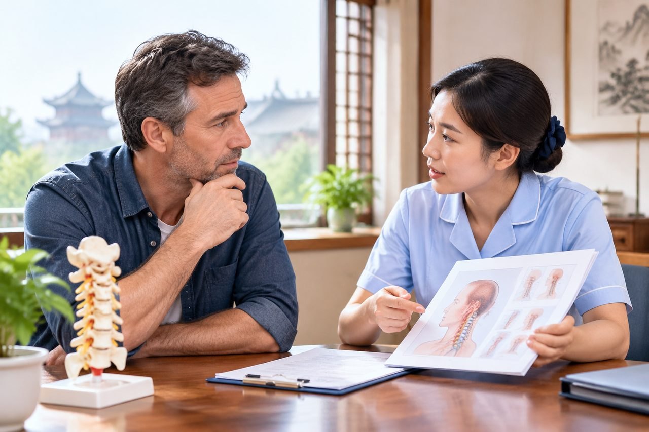 Illustrative image: A medical consultation between a healthcare professional and a patient discussing anatomical illustrations.