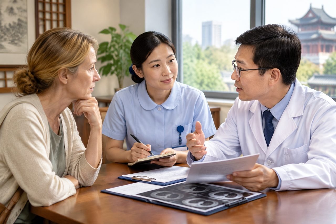 Illustrative image: A doctor discusses medical information with a patient and a nurse in a consultation room.
