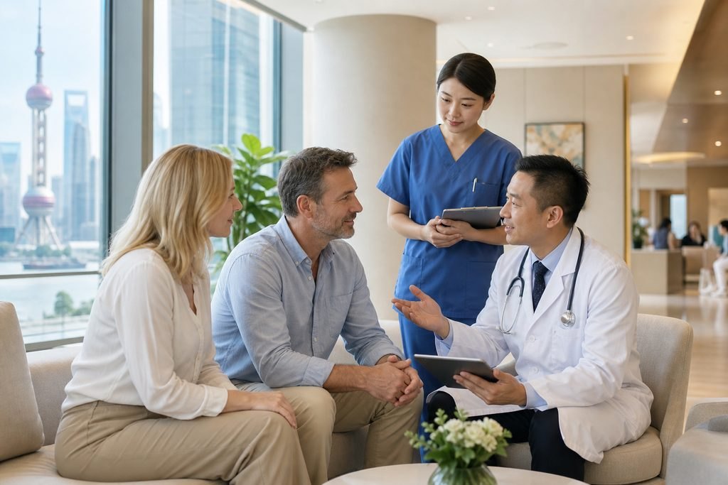 Illustrative image: A doctor discusses medical information with a patient and a companion in a modern clinic setting.