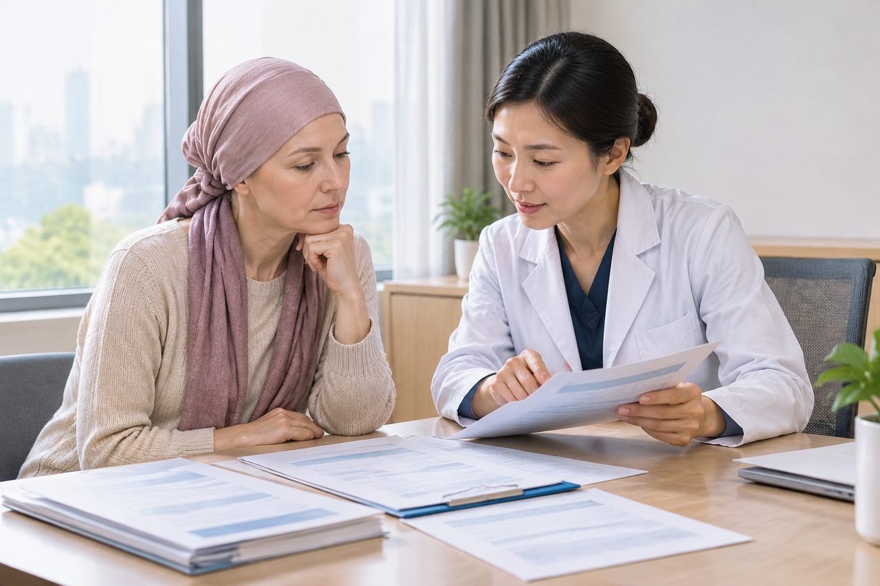 AI illustration: A doctor discusses medical information with a patient in a consultation room.