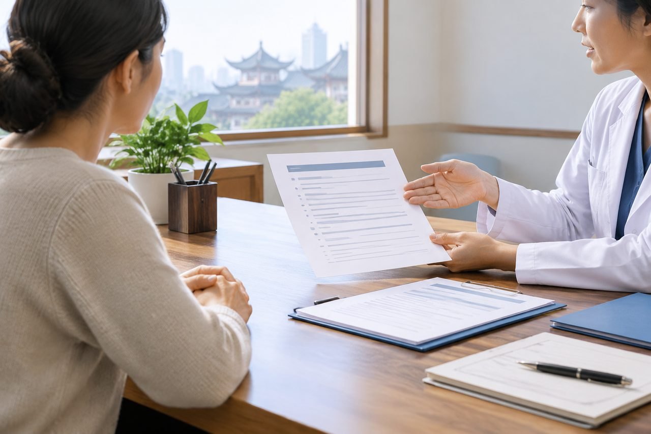 AI illustration: A medical consultation taking place with a patient and a healthcare professional discussing documents.