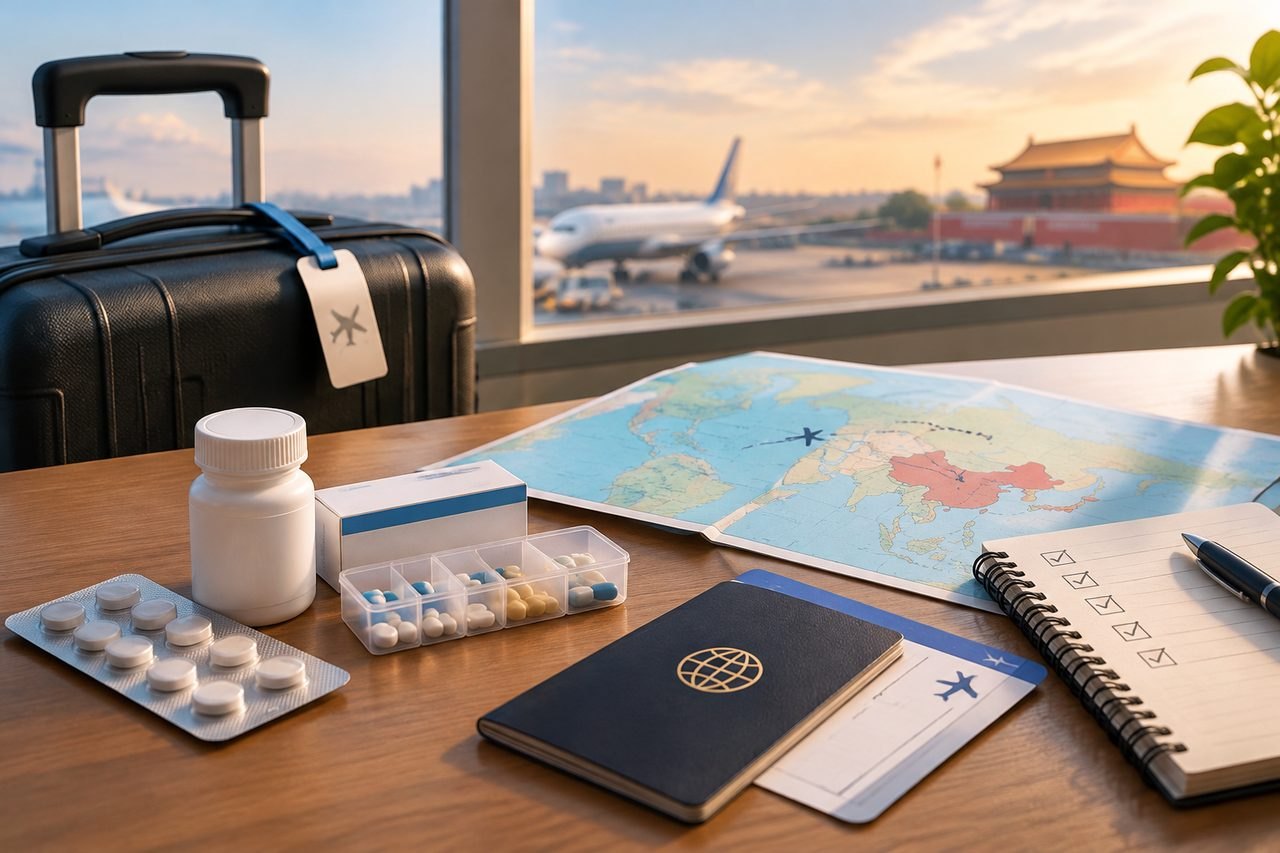 Editorial illustration: Changing Flights to China With Medicines: Rechecking Your Route