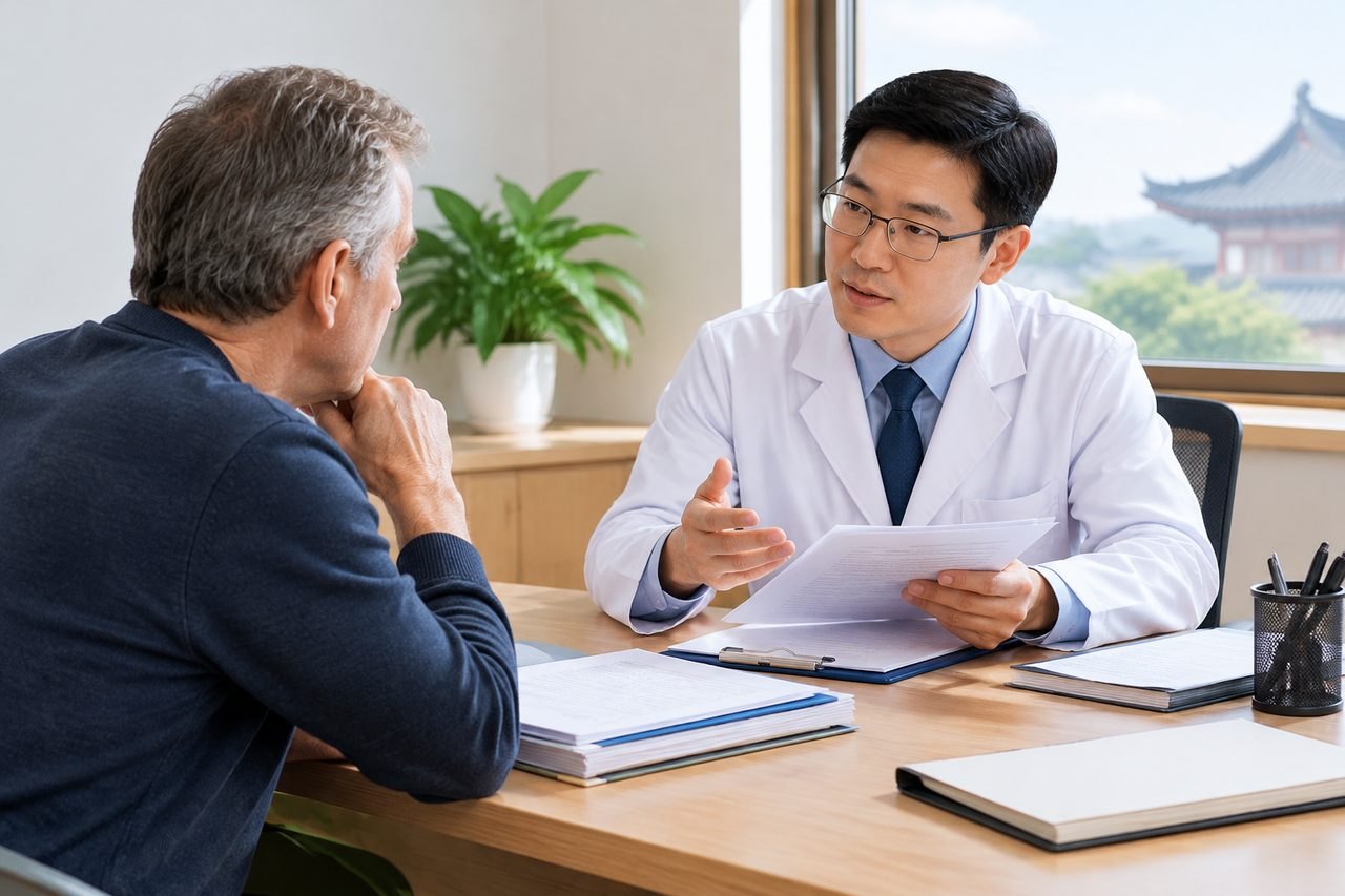 AI illustration: A doctor discusses medical information with a patient in a consultation room.