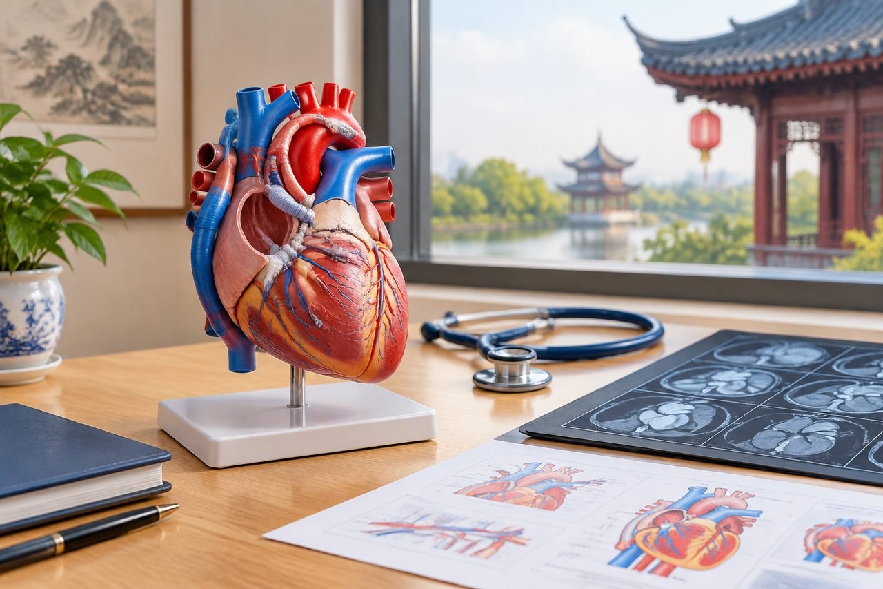 Illustrative image: A detailed anatomical model of a human heart is displayed on a desk alongside medical images and a stethoscope, with a scenic view outside.