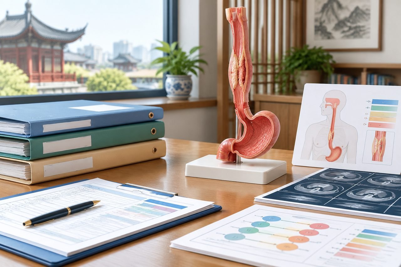 Illustrative image: A medical consultation room featuring anatomical models and charts related to the digestive system.