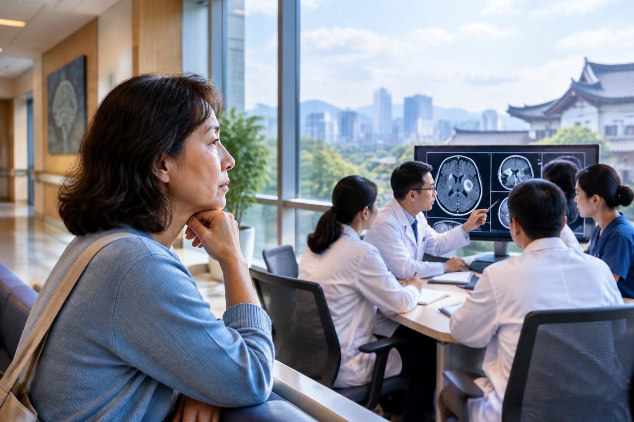 Illustrative image: A patient observes a medical consultation where doctors discuss imaging results.