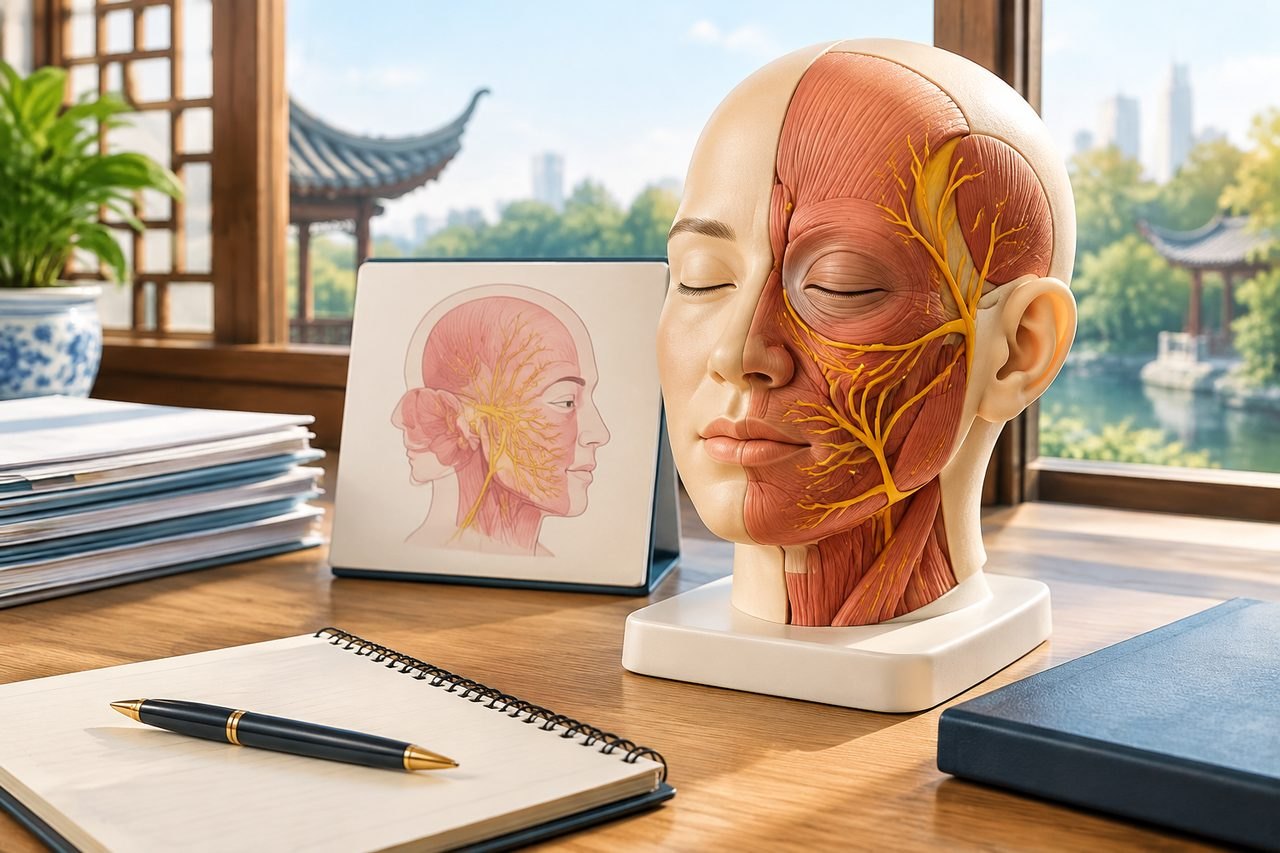 Illustrative image: A detailed anatomical model of a human head with visible muscles and nerves, accompanied by an illustration and stationery on a desk.