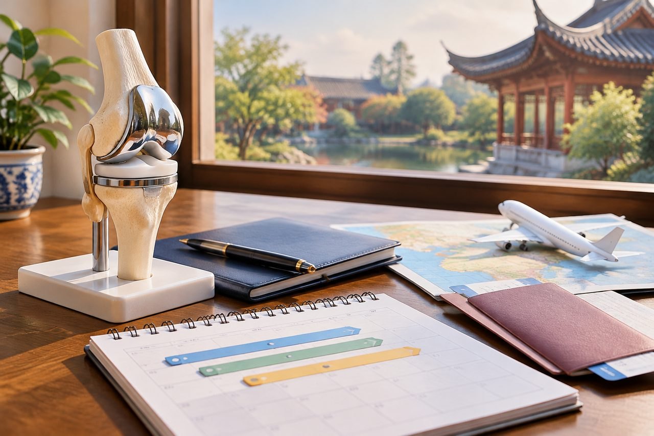 Illustrative image: A knee anatomical model is displayed on a desk with travel-related items and a scenic view outside.