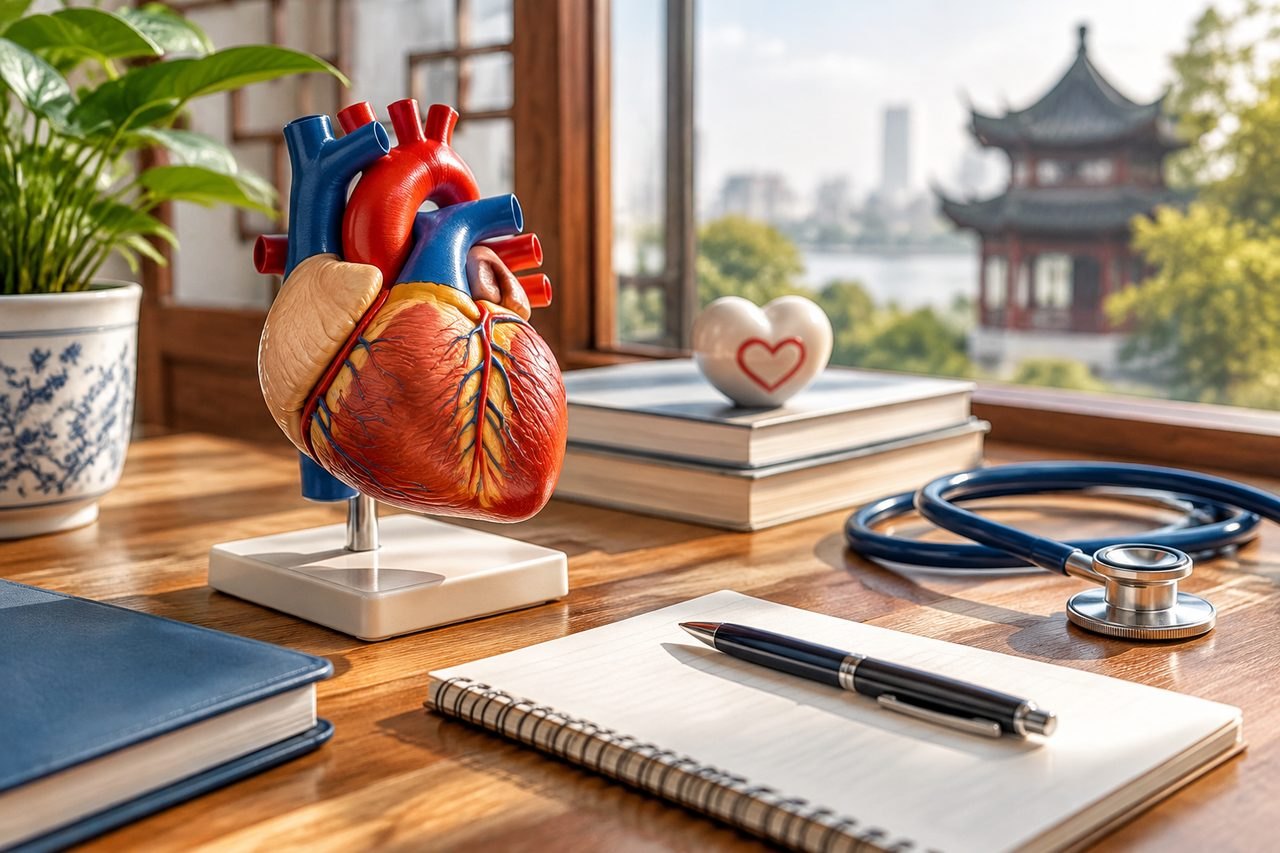Illustrative image: A detailed anatomical model of a heart is displayed on a desk with medical tools and books in a well-lit room.