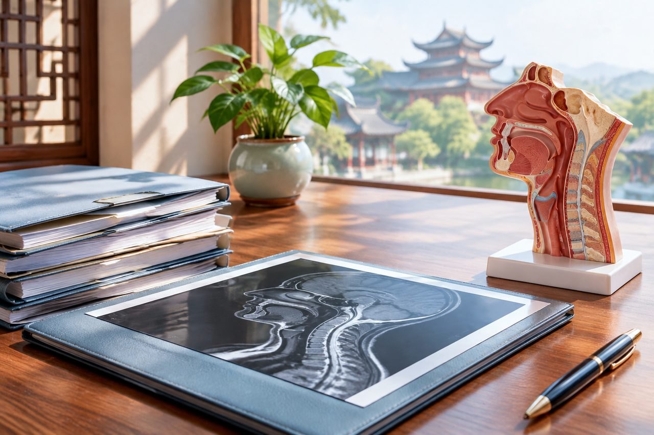 Illustrative image: A medical model of the human anatomy is displayed on a desk alongside folders and an anatomical image.