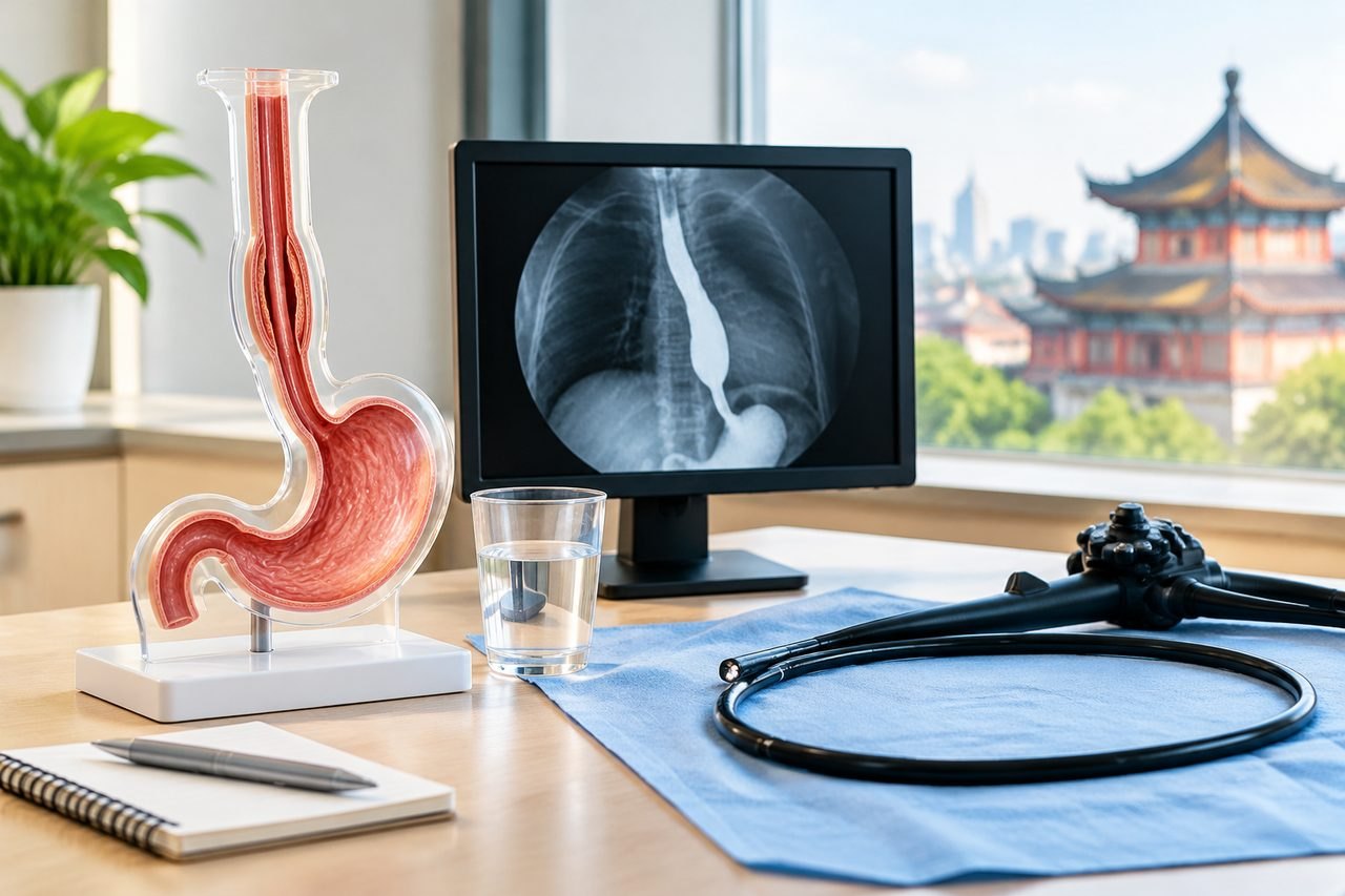 Illustrative image: A medical consultation room featuring a stomach anatomical model, a monitor displaying an x-ray, and an endoscope on a table.