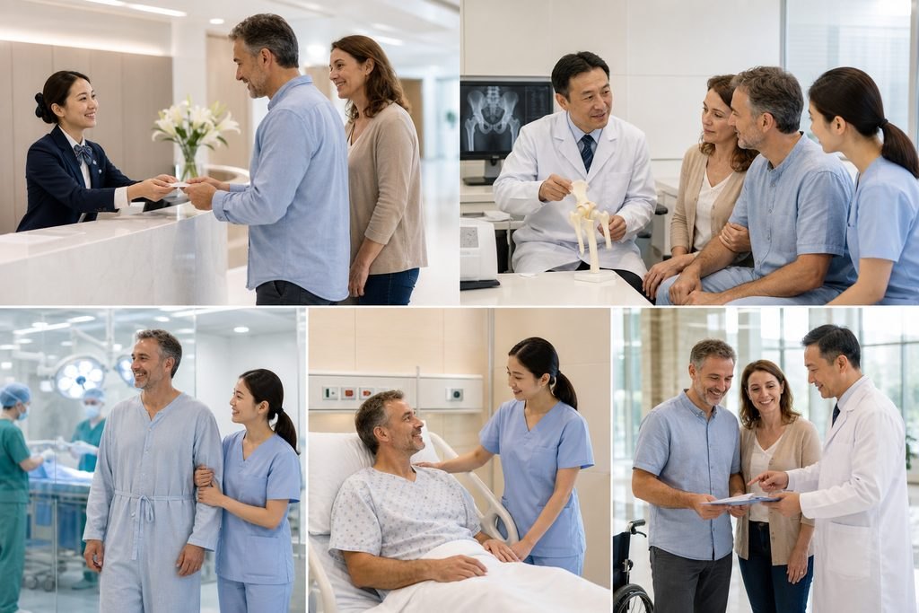 Illustrative image: A patient interacts with medical staff in various hospital settings, including consultations and treatment discussions.