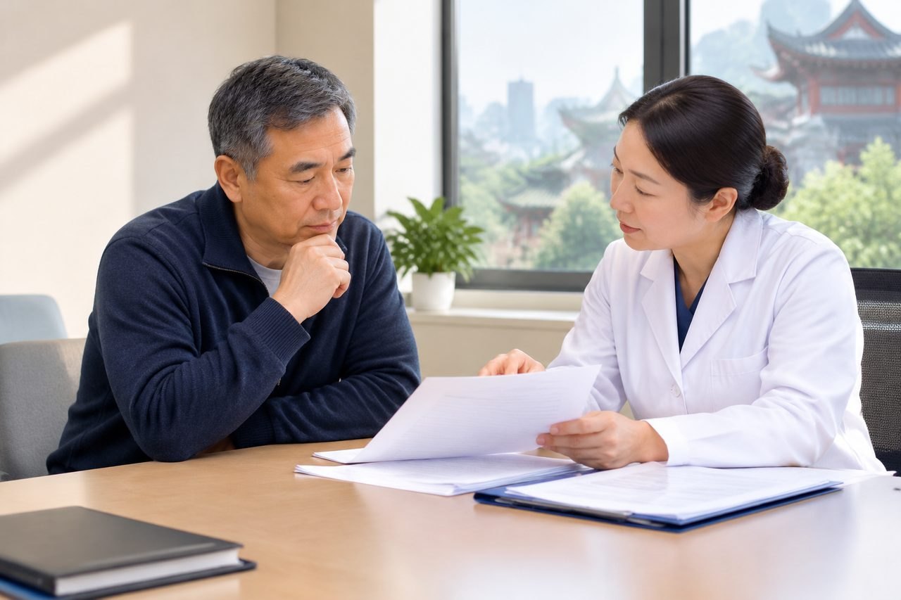AI illustration: A doctor discusses medical documents with a patient in a consultation room.
