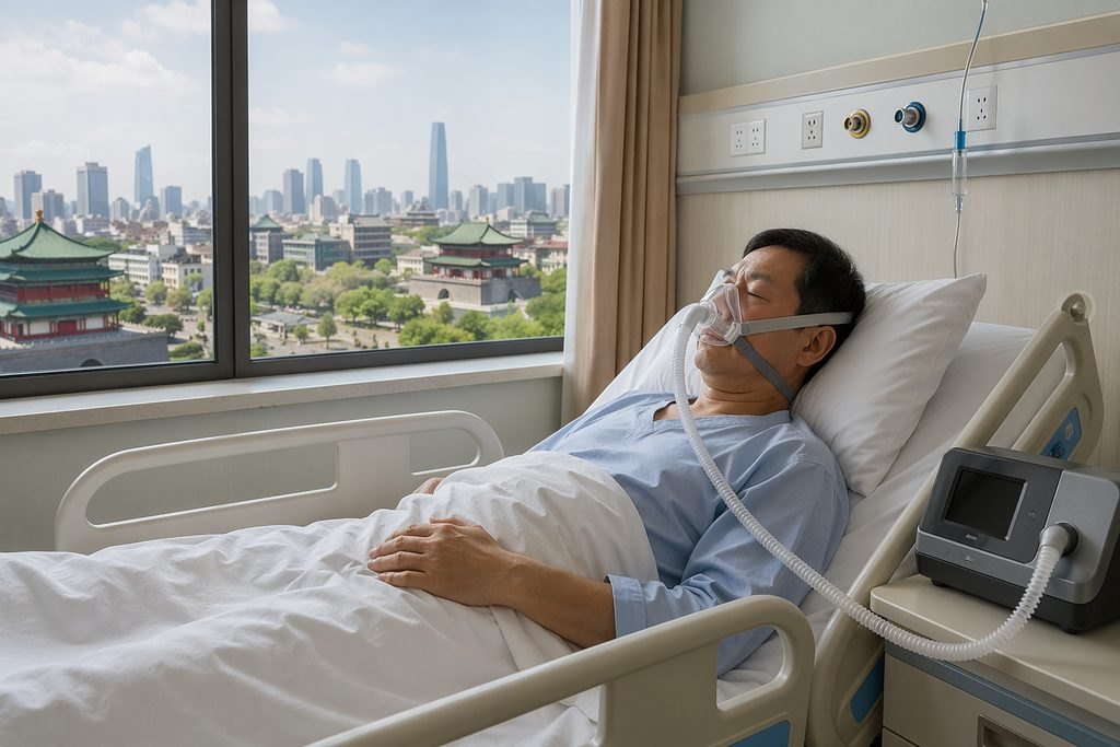 Illustrative image: A patient receiving respiratory support in a hospital room with a city skyline view.