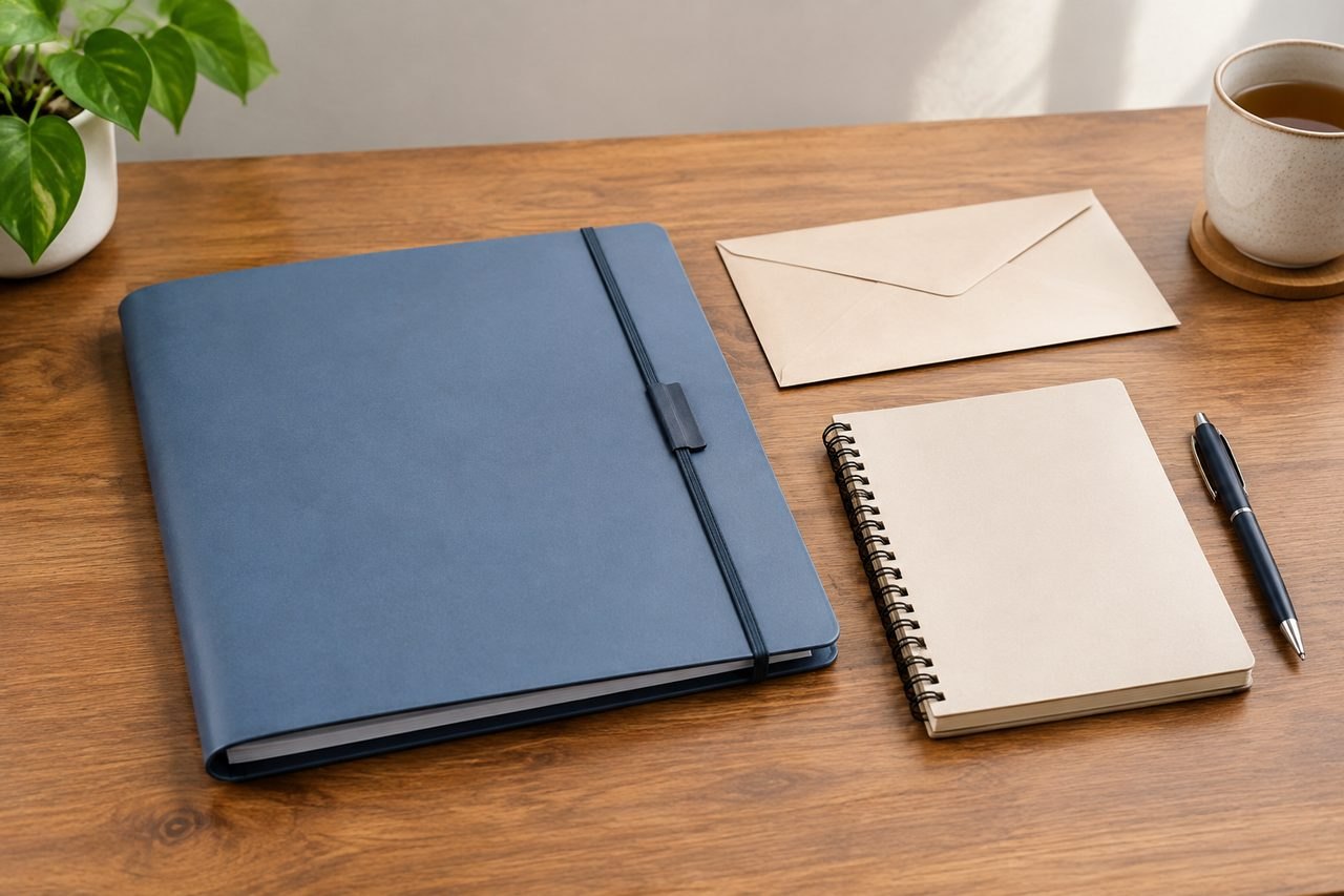 AI illustration: A workspace featuring a blue folder, a notebook, an envelope, a pen, and a cup of tea on a wooden table.