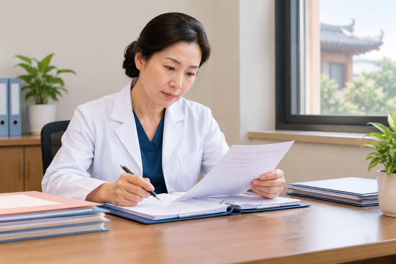 AI illustration: A medical professional reviews documents in an office setting.