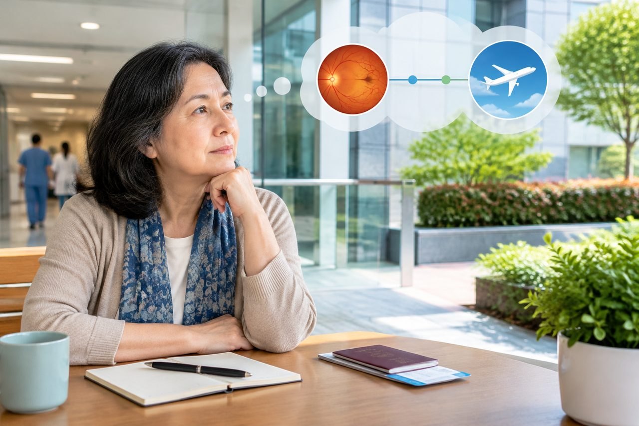 Illustrative image: A woman reflects on her travel plans while seated in a hospital-like environment.