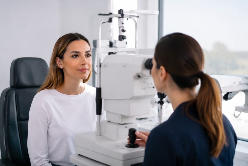Illustrative image: A patient undergoing an eye examination with a medical professional using an ophthalmic device.